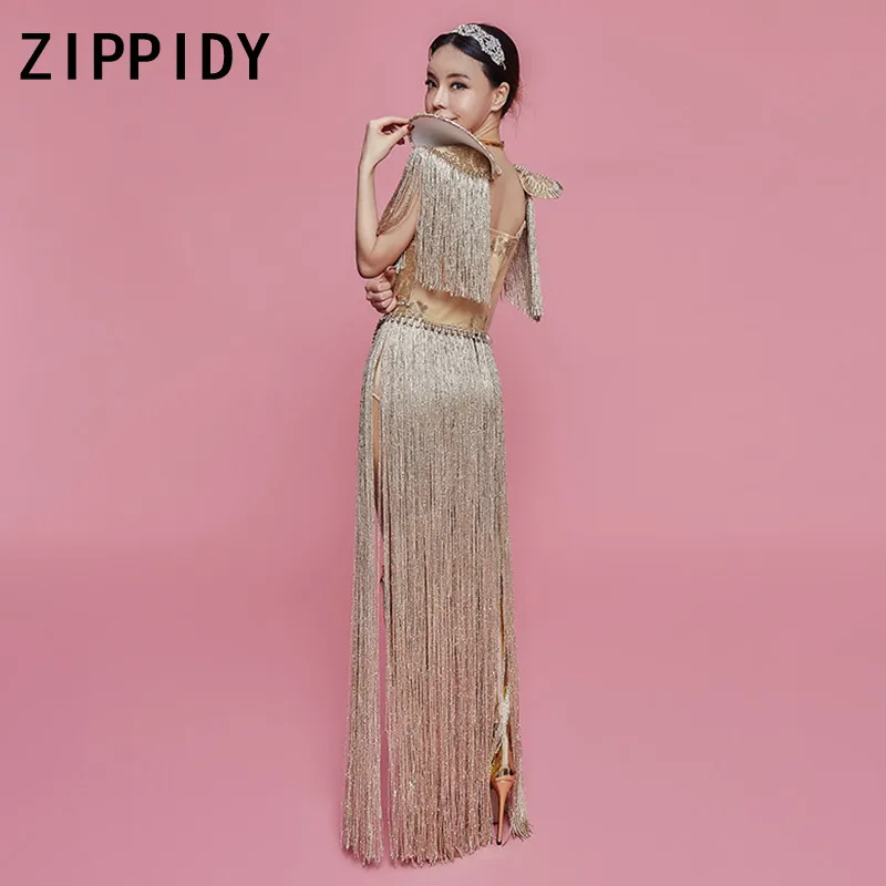 Sparkly Gold Rhinestones Long Tassel Bodysuit Headdress DJ Female Singer Nightclub Bar Team Show Outfit Birthday Party Clothing