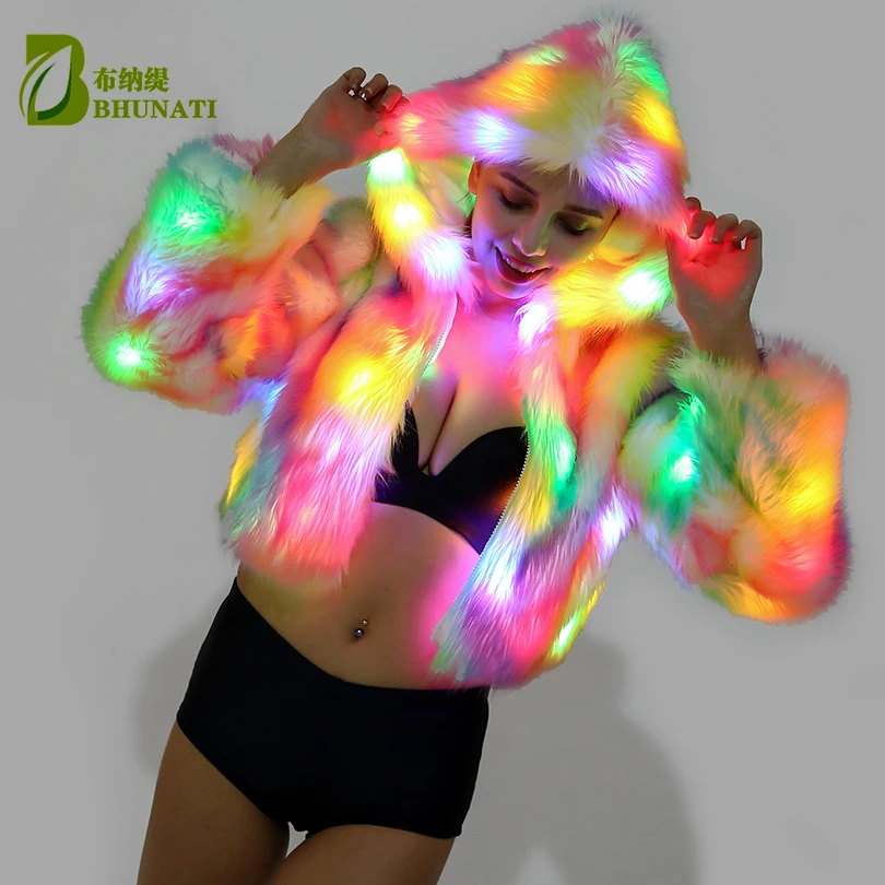 Светодиодный меховой пиджак, сценический костюм, женский костюм, 4XL, светодиодный, светящийся, одежда, куртка, для танцевального шоу, пальто из искусственного меха, звездная дискотека