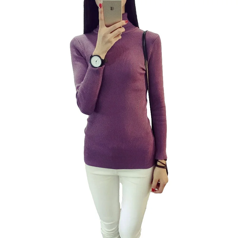 Fashion Solid Knit Women Sweater Autumn Winter Black / Pink Purple Turtleneck Casual Girl Pullovers | Женская одежда