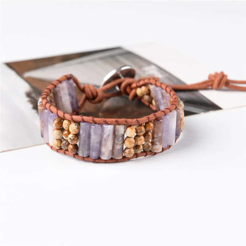 2018 Новый Boho браслет винтажный кожаный полудрагоценный камень манжета украшенный