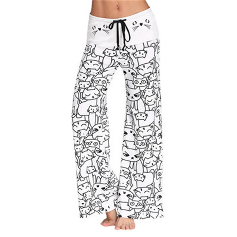 Autumn Women Black White Cat Print Wide Leg Pants Ladies High Waist Elegant Long Trousers | Женская одежда