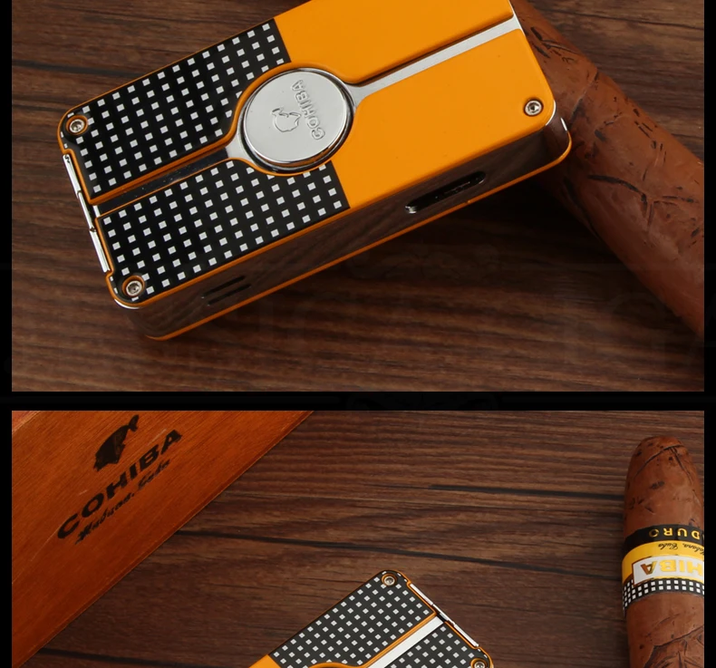COHIBA металлическая зажигалка для сигар, ветрозащитная, 3 синих струйных пламени, сигаретный фонарь, зажигалки, Бутановая Зажигалка, многоразовая