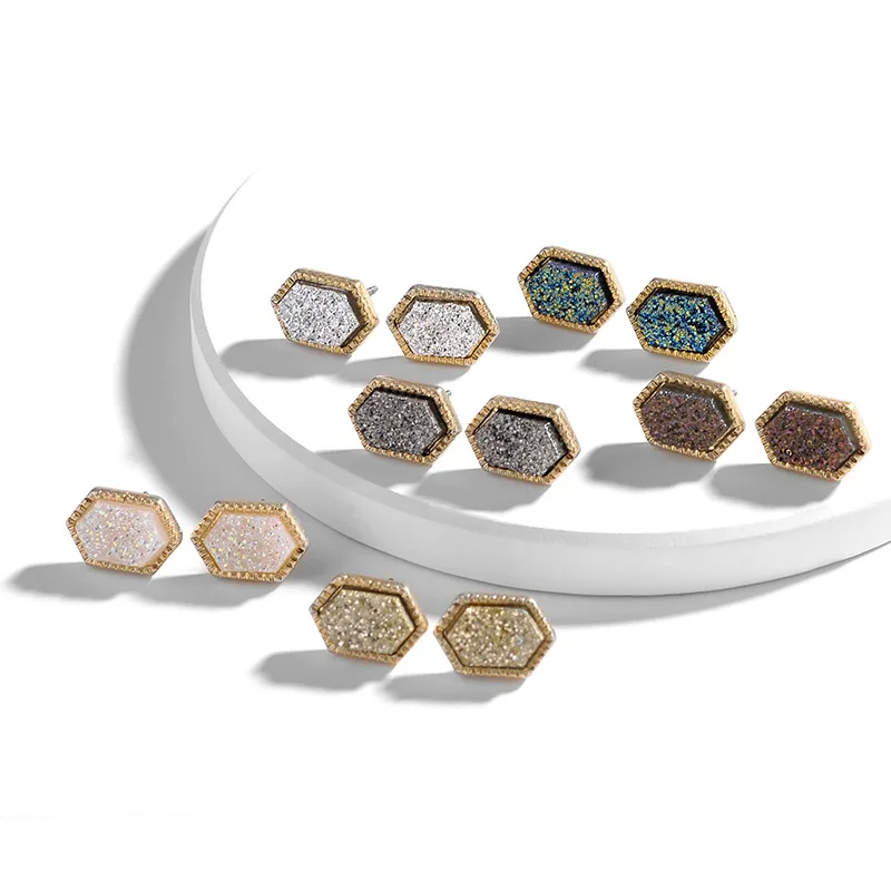 Druzy Drusy серьги гвоздики мини шестигранные полимерные модные ювелирные изделия от