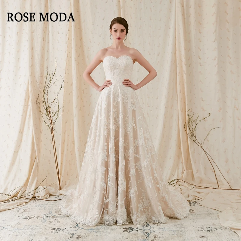 Розовое платье кружевное без бретелек цвета шампанского|a line wedding dress|chantilly lace