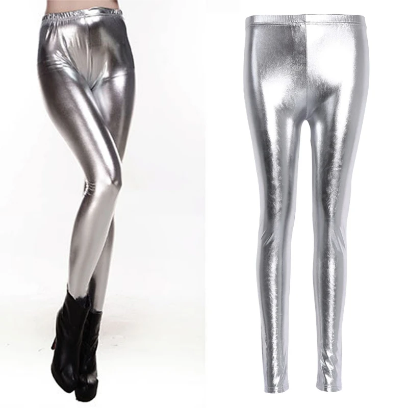 

2020 Fashion Women Sexy Shiny Leggings High Waist Faux Leather Pencil Pants Stretch Silver Gold Solid Elastic New Soft Legging
