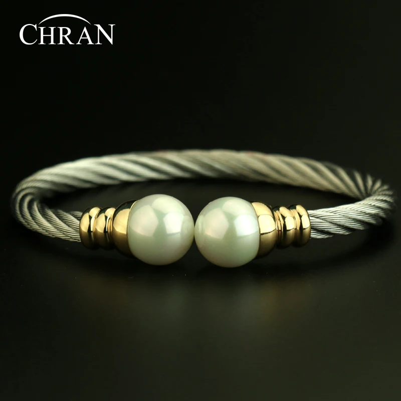 CHRAN Classic Stainless Steel Twisted Cable Bracelets &amp Bangles for Women Fashion Imitation Pearl Costume Brand Jewelry | Украшения и