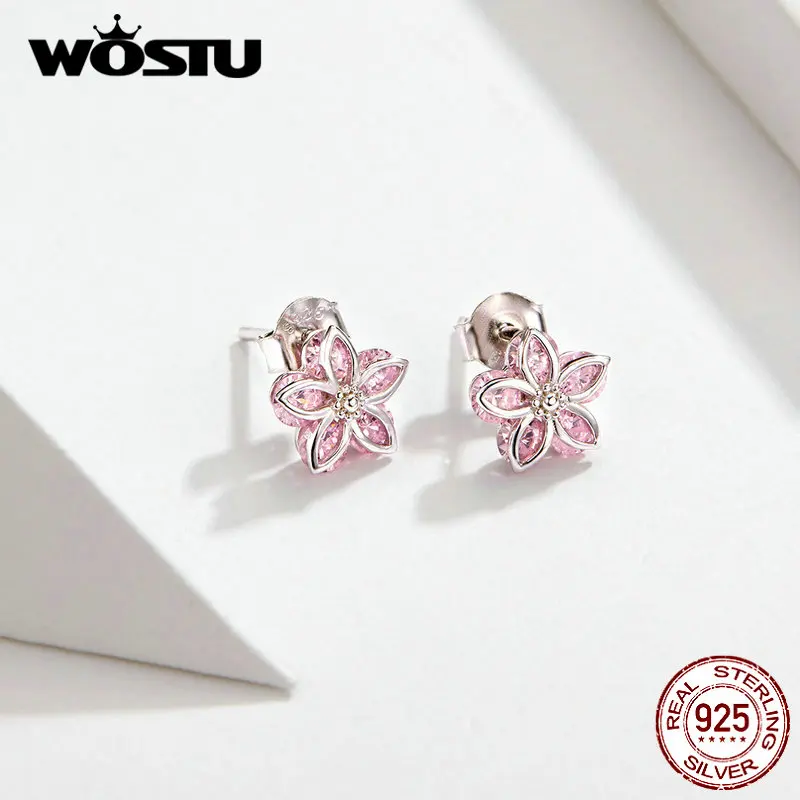 WOSTU серьги-гвоздики с розовыми кристаллами и цветком сакуры 925 пробы серебряные маленькие серьги для женщин Роскошные свадебные ювелирные изделия CQE644