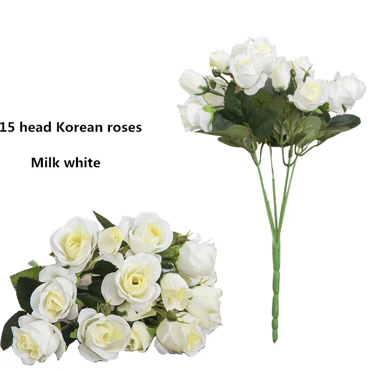 Milk white Корейский стиль, 15 голов, искусственный букет из роз для свадьбы, сцена, макет, поддельный цветок, на Рождество, день, вечерние, сделай сам, украшение, подарок на день рождения - Цвет: Milk white