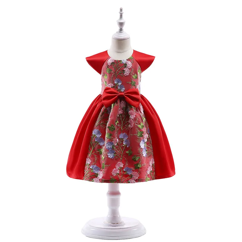 

New Features Girl Kids Personality Design Flowers Embroidery Pleated Dresses Lace embroidered Child Wedding Dress