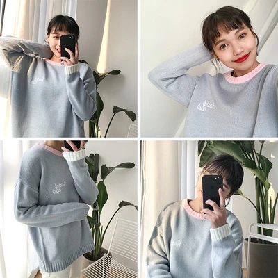 2 цвета осень и зима 2016 корейский стиль пэчворк вышивка буквы пуловер свитера для