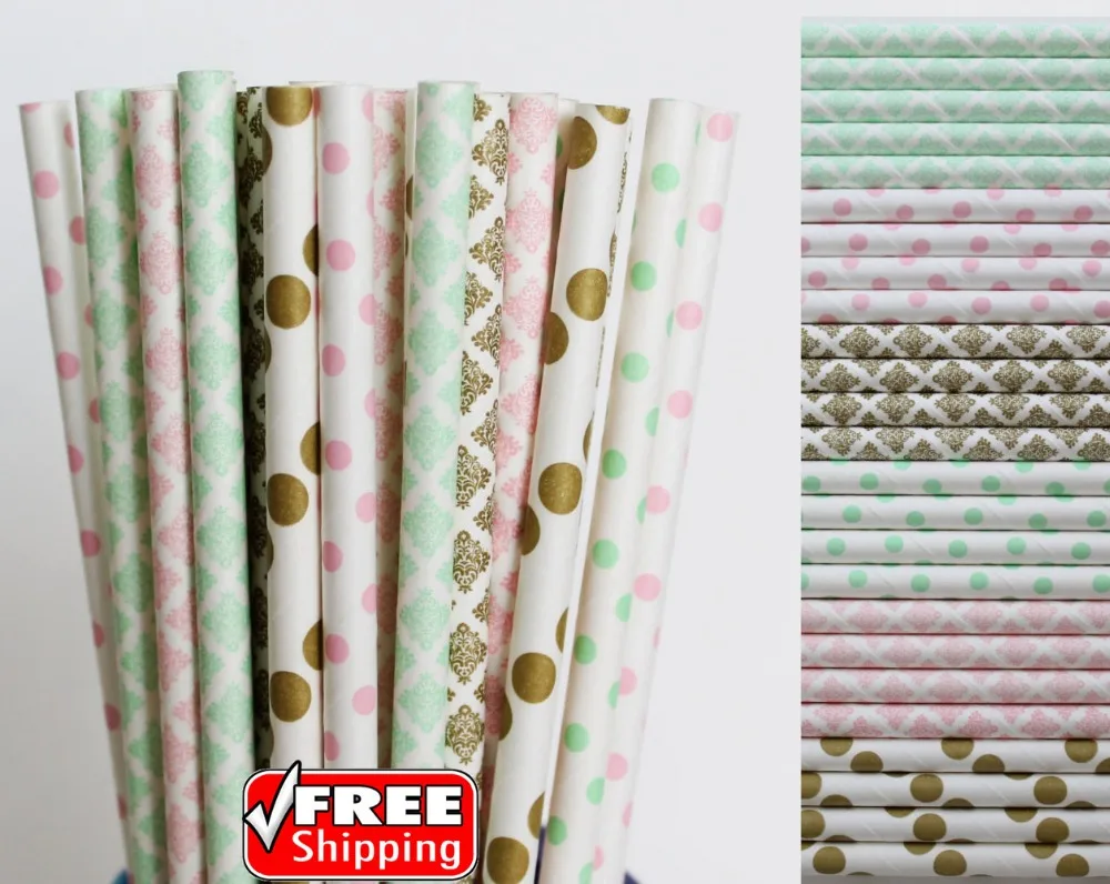 

150pcs Mixed 6 Designs Pink,Mint Green and Gold Themed Paper Straws-Damask,Dot Baby Shower Birthday Wedding Vintage Party Straws