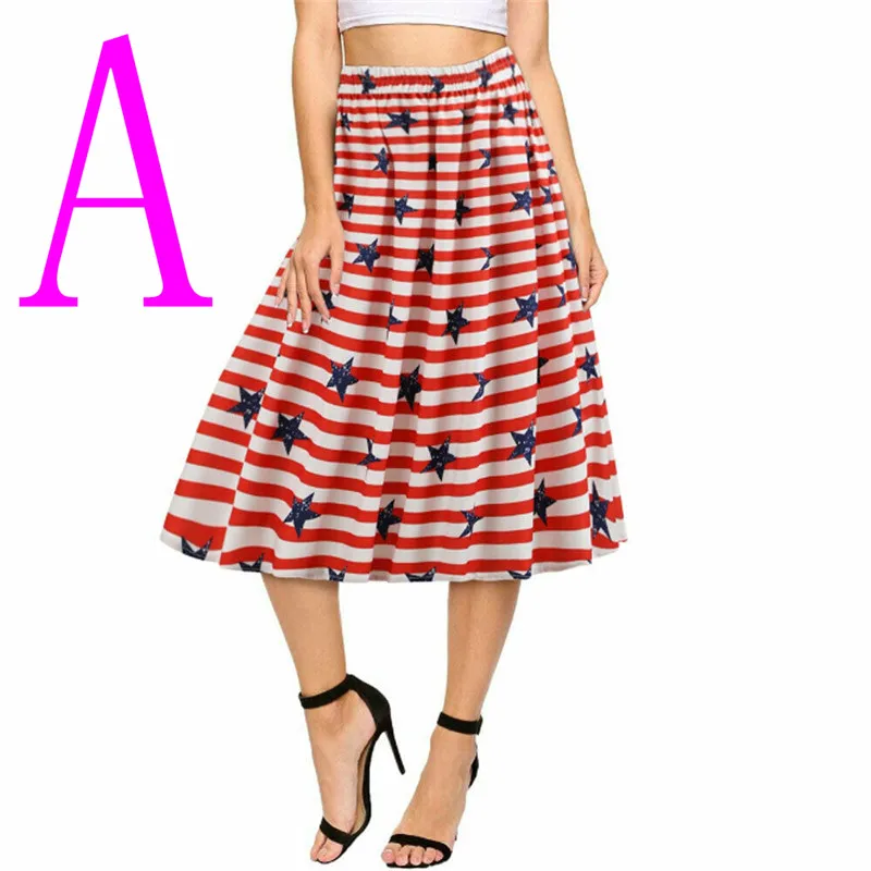

Trendy Women clothes star print striped casual High Waist Pleated Spandex Skirts one pieces