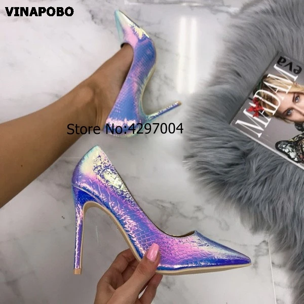 Vinapobo/Новое поступление года; женские свадебные туфли; цвет белый, синий; пикантные туфли на высоком каблуке-шпильке с градиентным принтом под змеиную кожу; женские туфли-лодочки с острым носком