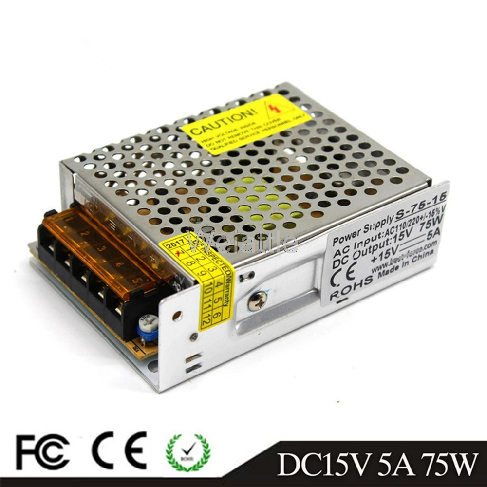 DC15V 75W 100W 120W LED Light Belt Driver Switching Power Supply 110/220VAC Constant Voltage Transformer Monitoring CCTV CNC |
