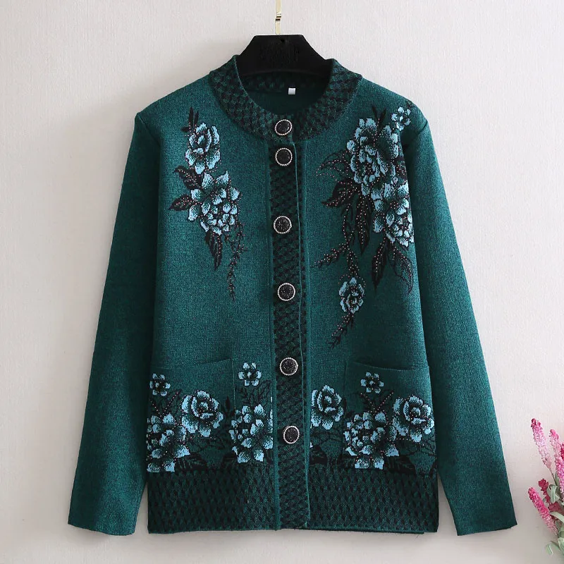 Women Tops Knitwear Cardigan Sweater Thick 2021 Autumn Plus size 4XL Middle-aged Female Flower Embroidery Knit Coat W295 |