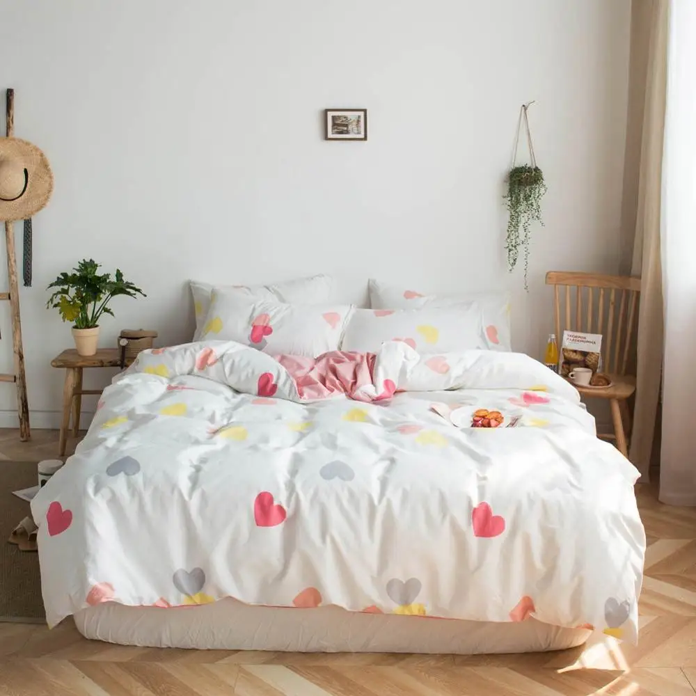 20192958 Pink Grey Yellow Hearts Bed Cover Duvet Cover Set Cotton Bedding Set Bedlinens Twin Queen King Flat Sheet Fitted Sheet - Цвет: 20192958