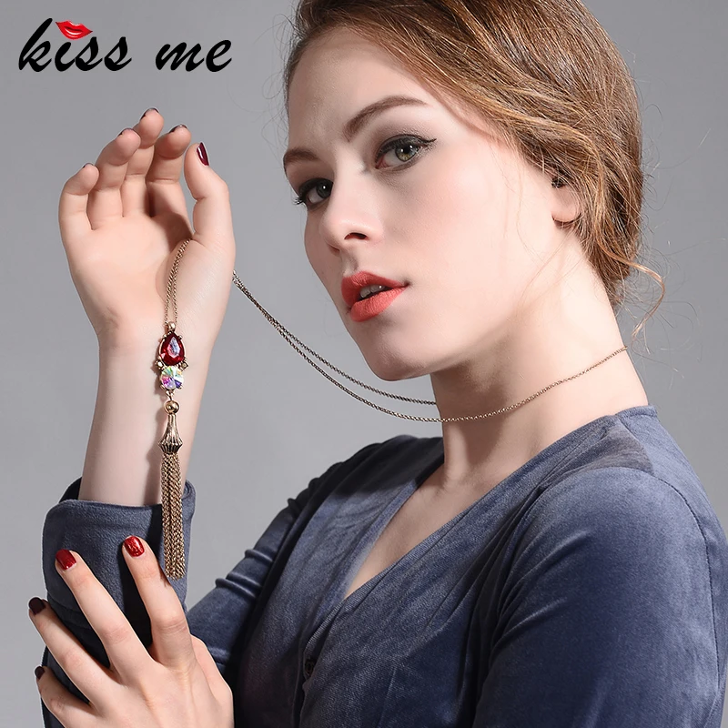 Бренд Kiss Me, длинное ожерелье из сплава с кисточкой, дизайн, Геометрическая подвеска в виде капли воды, ожерелье, женские аксессуары