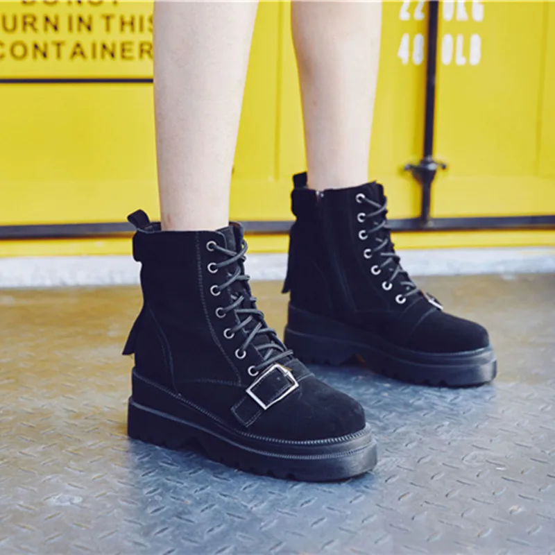 

Woman Ankle Boots Fashion Buckle 2018 Autumn Winter Genuine Leather Black Snow Boot Leather Women Boots Winter Shoes Ankle Boot
