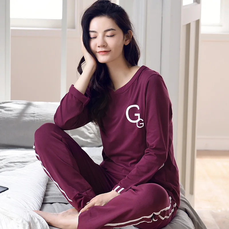 Осенне зимние женские пижамные комплекты из двух предметов чистого хлопка