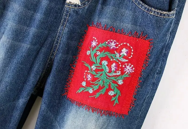 Эластичные Брюки шаровары в этническом стиле с вышивкой свободные джинсы