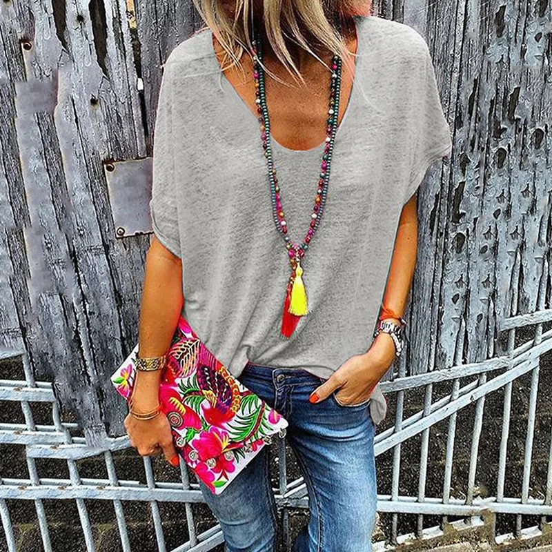 Женская футболка с коротким рукавом Повседневная Свободная Однотонная