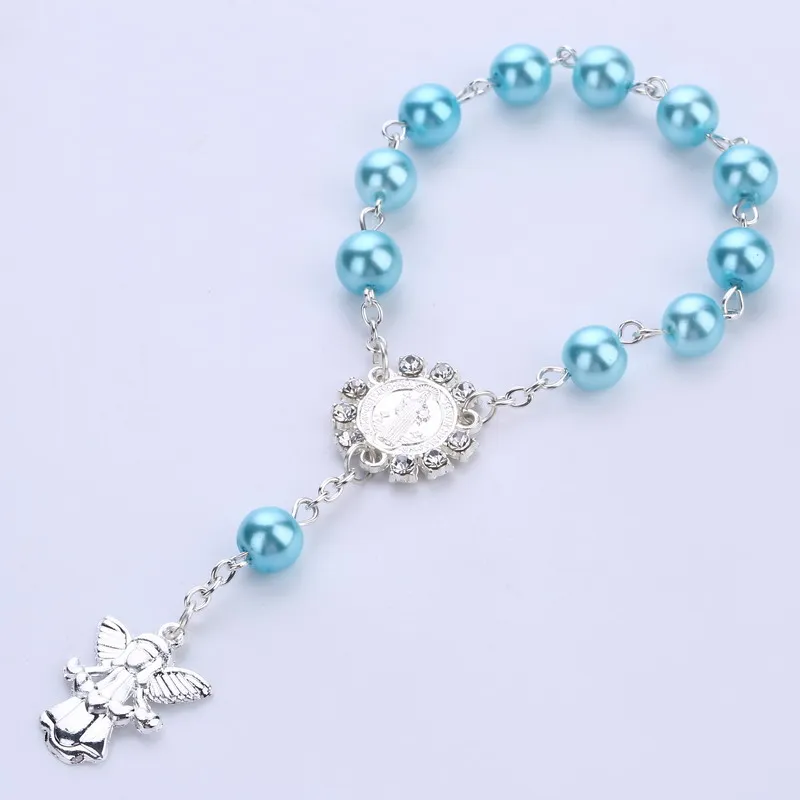 Light blue 50 шт./лот религиозных браслет белый Стекло четки имитации жемчуга детского причастия ребенка крещение способствует католической мини четки - Окраска металла: Light blue
