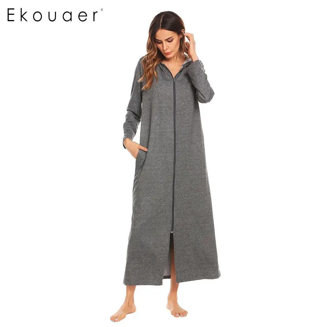 dark gray Ekouaer Халаты женские халаты на молнии женские с длинным рукавом с капюшоном халат кимоно для спа Халаты Ночное белье - Цвет: dark gray