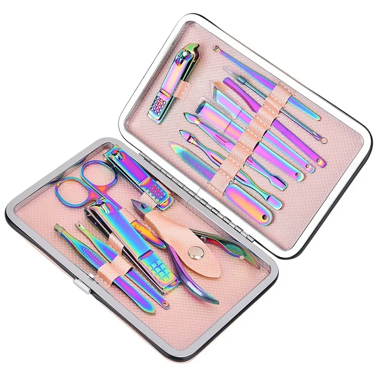 15pcs Pink 1 Набор радужных маникюрных комплектов хамелеонов, кусачки для ногтей из нержавеющей стали, кусачки, плоскогубцы, Шлифовальная Пилка, игла для угрей, наборы для ухода за ногтями - Цвет: 15pcs Pink