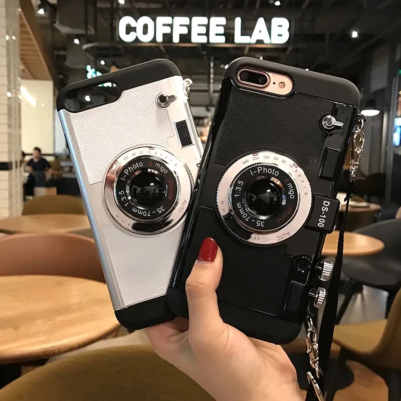 

3D funny Retro Camera Phone Cases For iphone 13 12 11 7 6 6S 8 plus cover for iphone 11 x xs max xr With Lanyard Phone Case