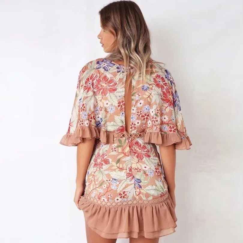 Оборками летнее платье Цветочный принт выдалбливают крючком Flounce Dress Для