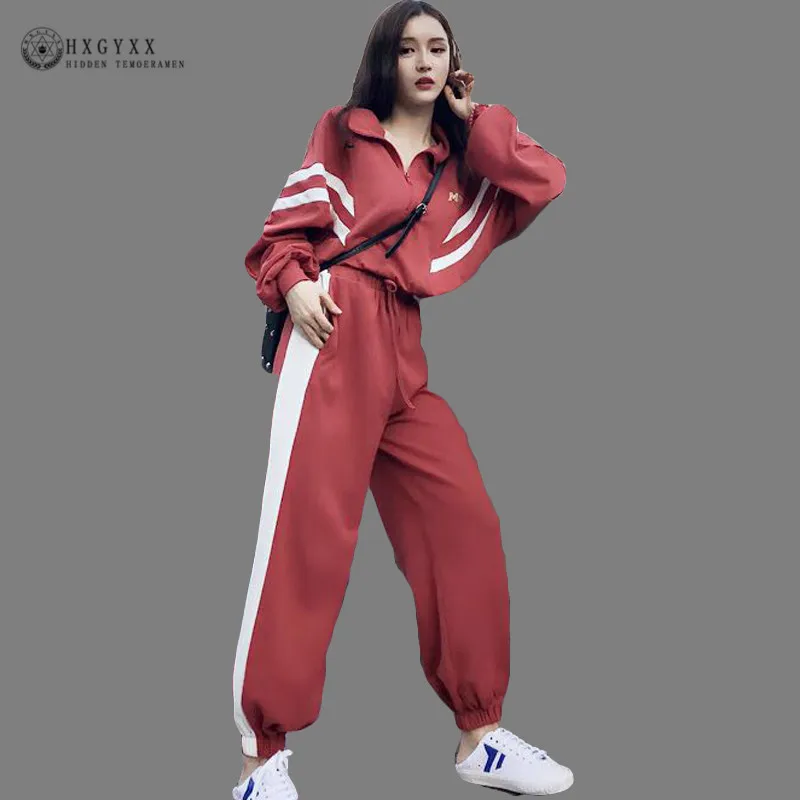 Корейский комплект из 2 предметов, женская одежда, Harajuku, свободная молния, отложной воротник, длинный рукав, боковые полосы, шаровары, штаны, спортивные костюмы, B092
