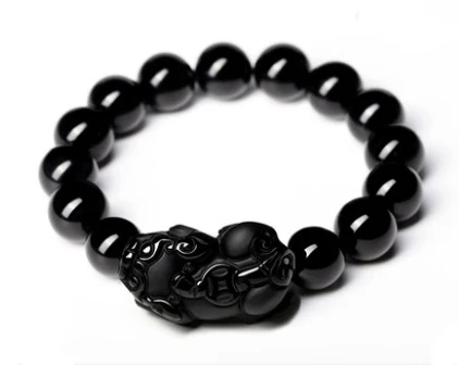 

Healing Crystals Obsidian Bracelets Feng Shui Black Tourmaline lemurian quartz crystals Bead Diameter 10mm * 15 with a pixiu