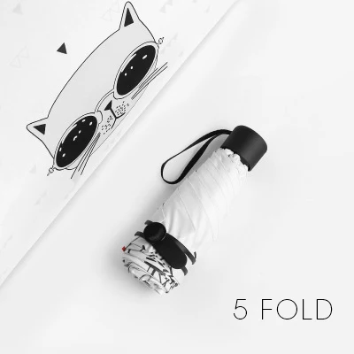 White 5 Fold Модный мультяшный Кот, анти УФ, женский зонтик, черное покрытие, защита от солнца, женские пляжные зонты, три складных и пять складных, Parapluie - Цвет: White 5 Fold
