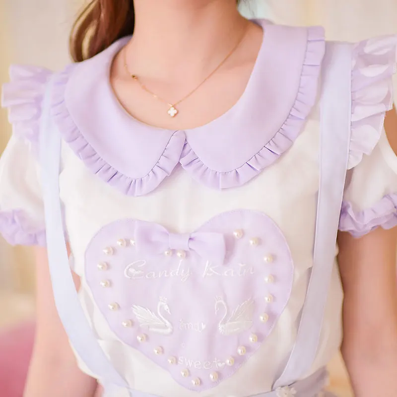 Женская шифоновая блузка с коротким рукавом вышивкой в виде сердца|chiffon blouse|short