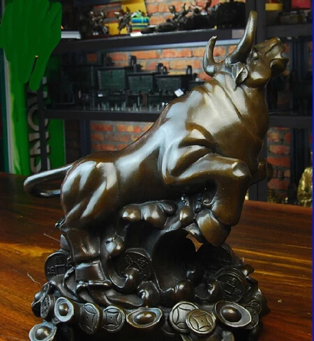 Китайская красная Медная скульптура настенная уличная статуя богатства Yuanbao бык