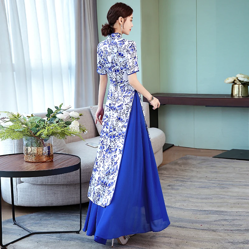 Новое поступление голубое белое фарфоровое длинное платье Ao Dai qipao для женщин |