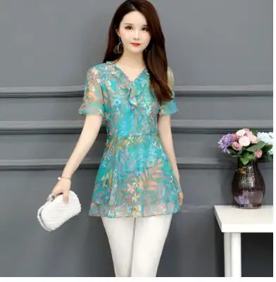 pattern 2 Шифоновая Блузка, рубашки для женщин, летняя, с расклешенными рукавами, милая, для офиса, для леди, для работы, с цветочным принтом, туника, с баской, топ, блузка, J36 - Цвет: pattern 2