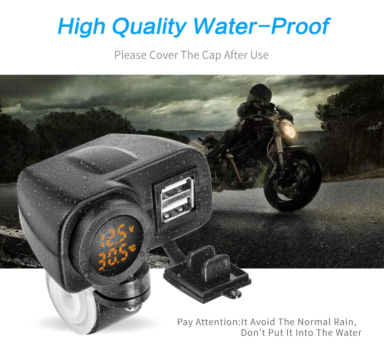 

5V 2.1A Motorcycle Dual USB Charger Socket For Phones Tablets GPS 12V 24V Led Display Voltmeter Real Time Thermometer Test
