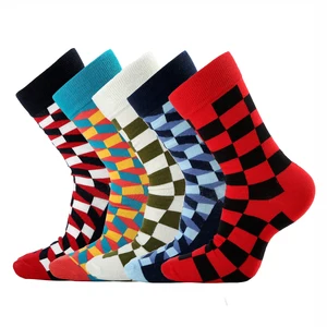 5 партЛот Новые повседневные мужские хлопковые носки Модные забавные цветные клетчатые дизайнерские носки счастливое деловечерние платье хлопковые мужские носки