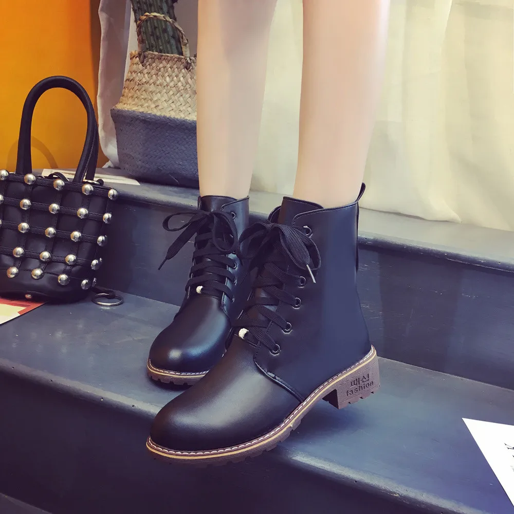 Ботинки Женская Классическая Кожаная обувь с круглым носком ботинки без