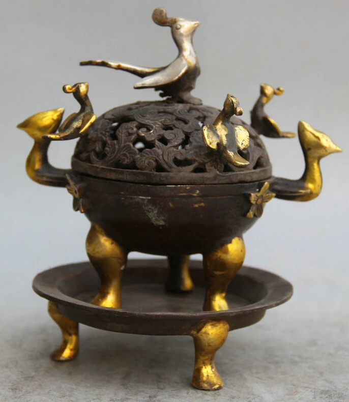 

Collectible bronze S2148 7" Chinese Bronze Gild Silver 3 Foot Bird handle flower Incense Burner Censer