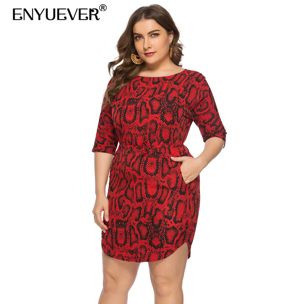 Enyuever Plus Size Snake Print Dress Women Summer 2019 Half Sleeve Vestido Casual Sexy Party Mini With Pockets Streetwear | Женская