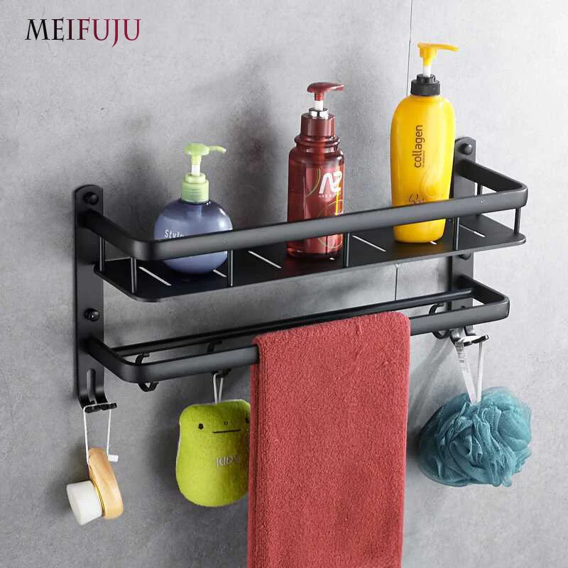 Single Dual Tier Bathroom Corner Shelf with Floating Hooks Shower Black Aluminum Wall Mounted Towel Storage Rack Holder oil rubbed bronze dual tier bathroom shelf black copper glass rack shelf towel bar antique bedroom dresser shelf wall mounted