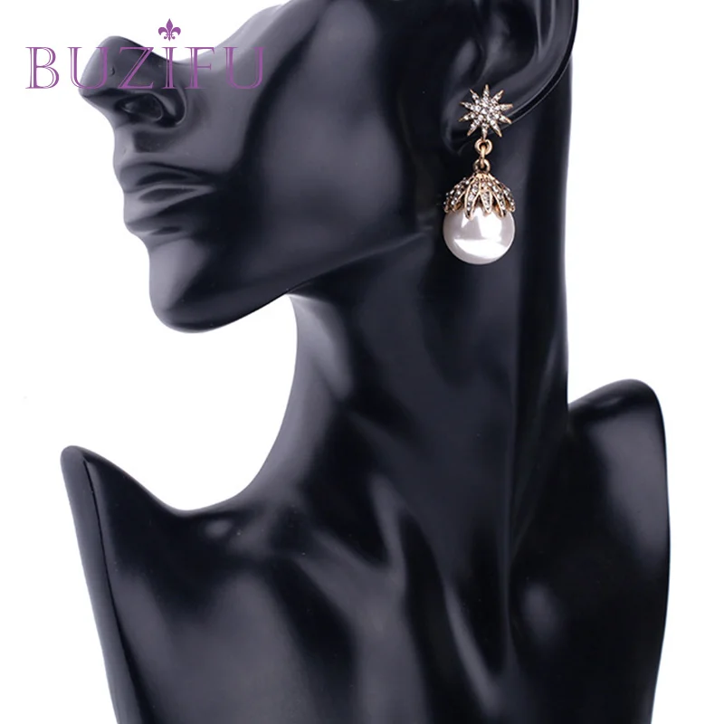 BUZIFU Simulated Round Pearl Earrings Gold Color Snow Shaped Shinning Crystal Cute Fashion Wedding Jewelry UE201 | Украшения и