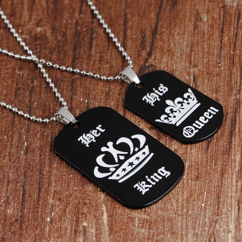 

24 Pcs/Lot Her King & His Queen Free Engrave Lover's Pendant Customize Black Dog Tag Charm Necklace Jewelry Bulk Wholesale