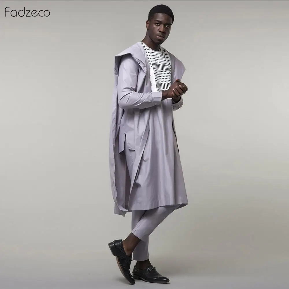 Fadzeco Agbada 2019 Мужская африканская 3 шт. размера плюс Dashiki белая вышивка приталенная