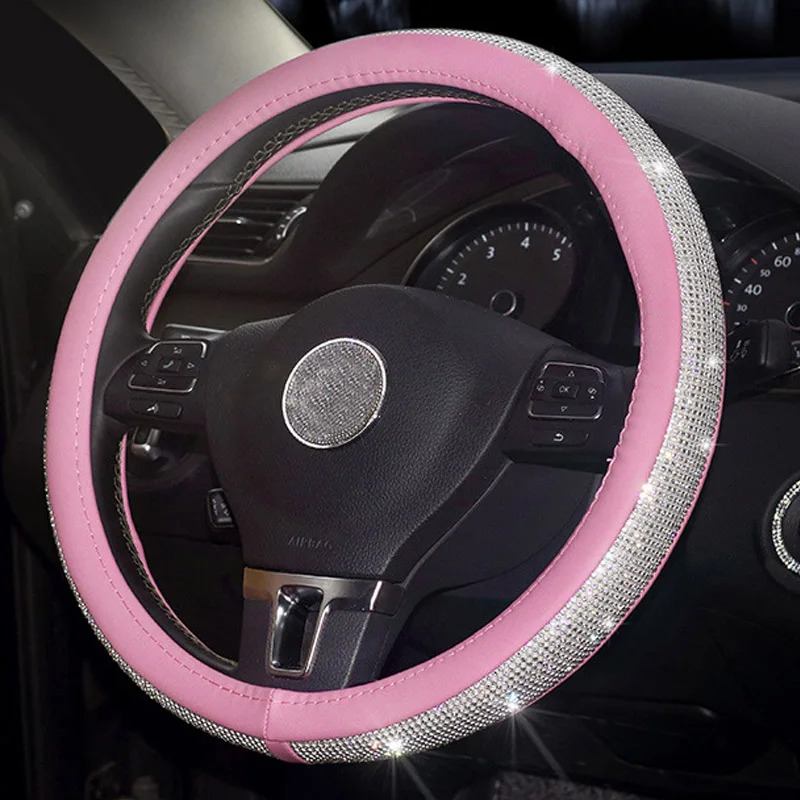 pink wheel cover Стразы, кожаный чехол на руль для автомобиля, крышка на руль, Хрустальный чехол, авто аксессуары для интерьера для женщин и девушек - Название цвета: pink wheel cover