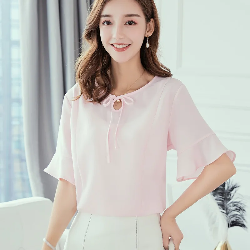 Pink Blouse Женские рубашки весна-лето блузки корейского стиля уличной блузки с коротким рукавом женские шифоновые рубашки плюс размер повседневные топы - Цвет: Pink Blouse