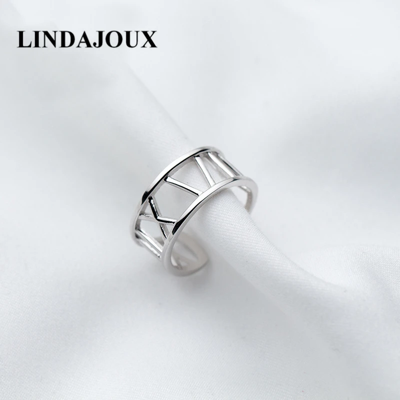 LINDAJOUX 925 пробы серебро полые римские цифры Открытое кольцо для Для женщин S925