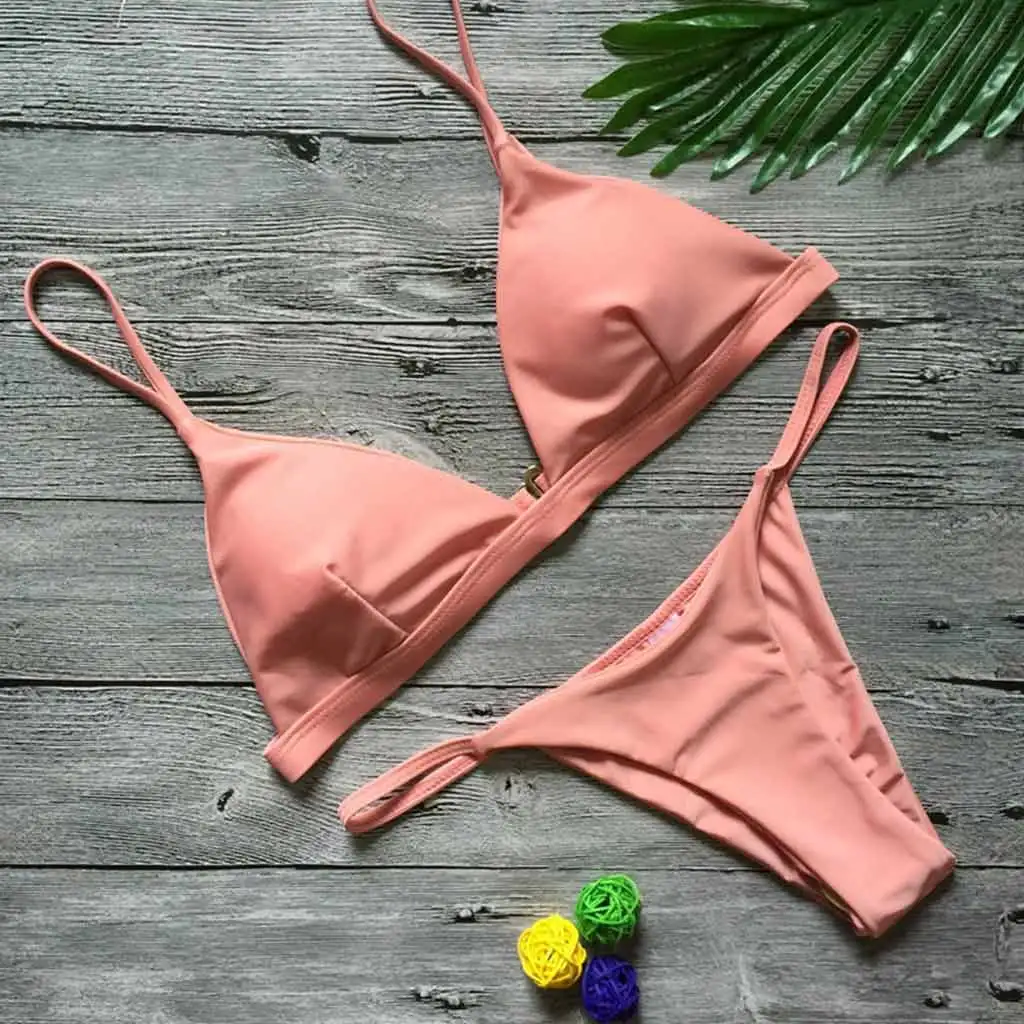 Pink Сексуальный треугольный бикини, набор, одежда для плавания, Женский однотонный купальник, стринги, бикини, женский купальник, купальный костюм, купальный костюм, одежда для плавания - Цвет: Pink